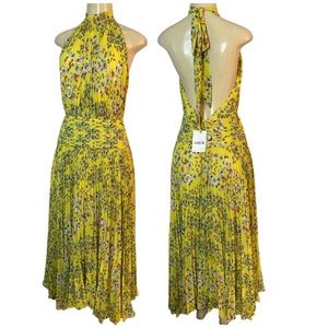 Amur Floral Print Long Halter Pleated Dress Yellow Size 4